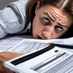 A worried person overwhelmed by property tax documents, emphasizing the complexity and anxiety associated with real estate taxes.