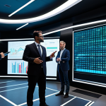 A diverse group of professional financial analysts and tax specialists, fully clothed in modern, modest business attire, collaborating in a sleek, futuristic data center. Large, translucent digital displays and holographic projections fill the space, showcasing intricate financial data visualizations, dynamic charts, and AI-driven tax analysis models. The scene emphasizes intelligent interaction with advanced technology, reflecting clarity and efficiency. High-resolution, professional photography, cinematic lighting, sharp focus, clean aesthetics, perfect anatomy, correct proportions, natural pose, well-formed hands, proper finger count, natural body proportions, safe for work, appropriate content, fully clothed, professional.